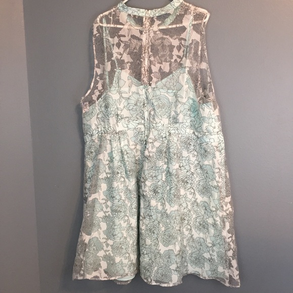 Lace & Mesh Sheer Lined Mint Floral Dress, 4XL - Picture 3 of 7